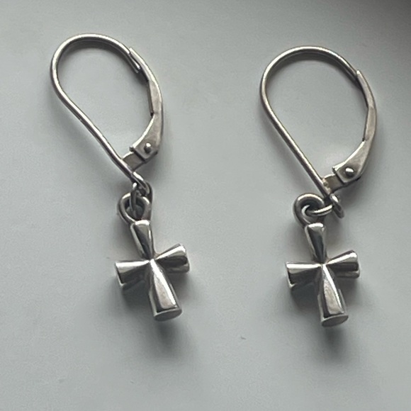 James Avery Retired Sterling Silver St. Teresa Cross Dangle Lever Back Earrings - Picture 4 of 7